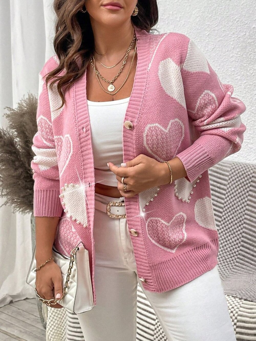 Pink Casual Women's Heart Pattern Rhinestone Cardigan - Picture 3 of 8